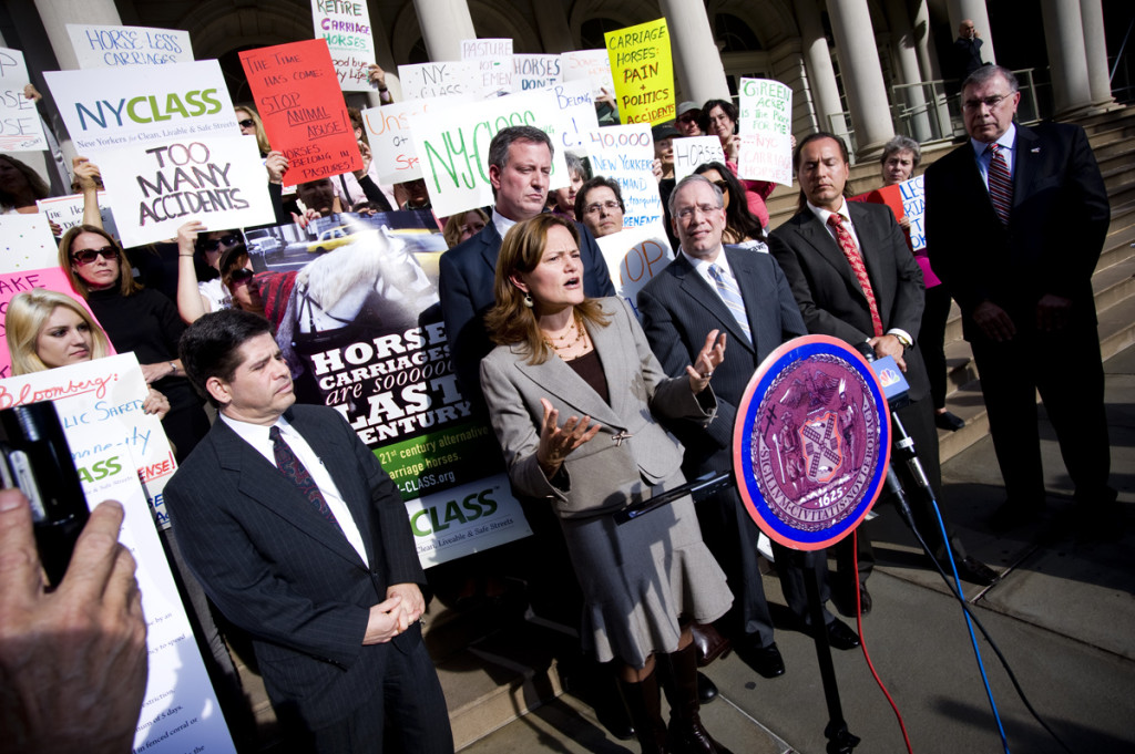 In 2011, Council Member Mayor de Blasio (now Mayor),  joined fellow Council Member Melissa Mark Viverito (now Speaker) and Manhattan Borough President Scott Stringer (now Comptroller) to express his support for a ban on horse-drawn carriages