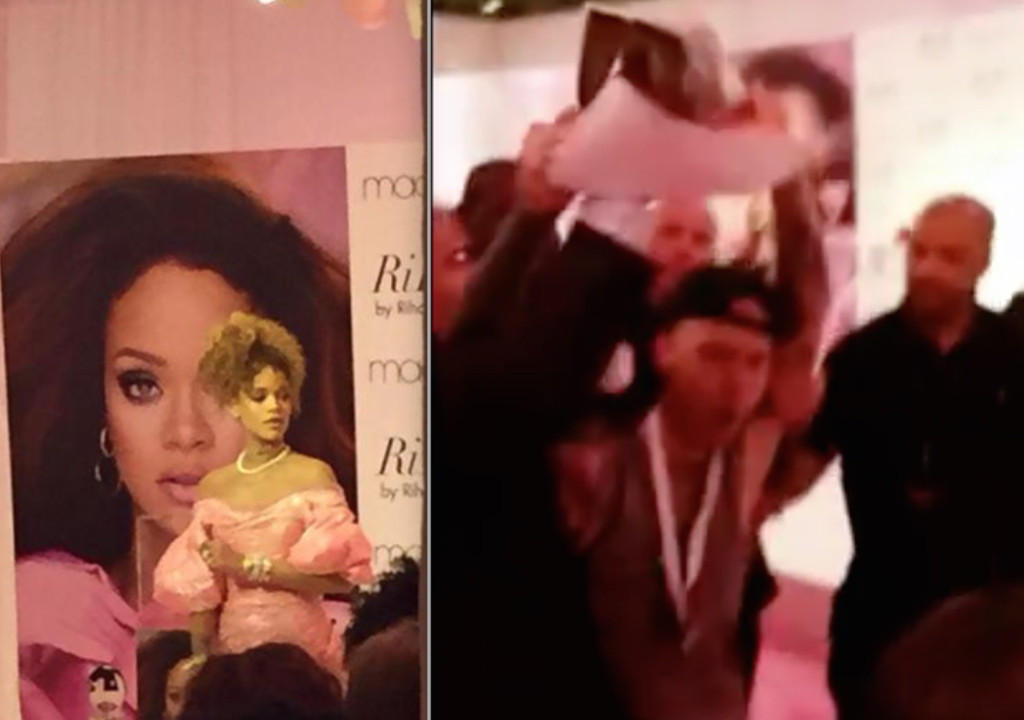 Anti-fur disruption at Rihanna's fragrance promotional event in NYC.