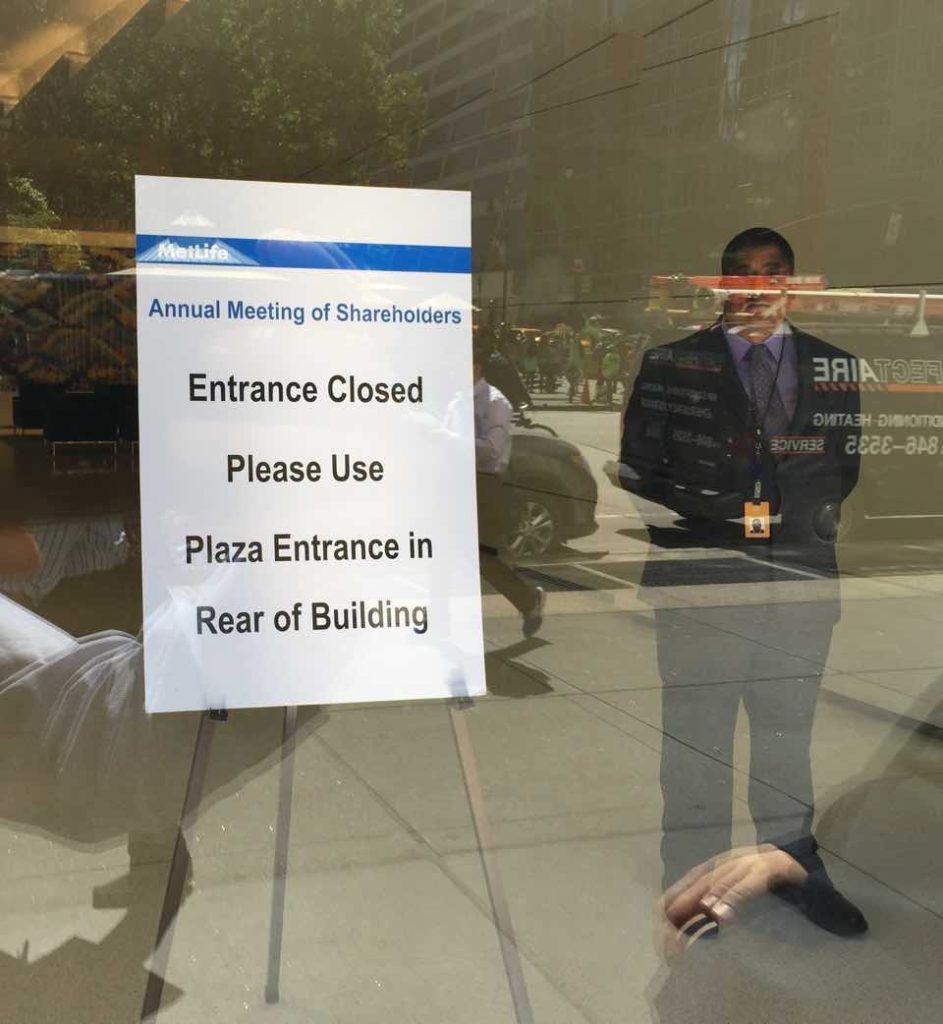 The MetLife building's front door was locked in anticipation of the protest.