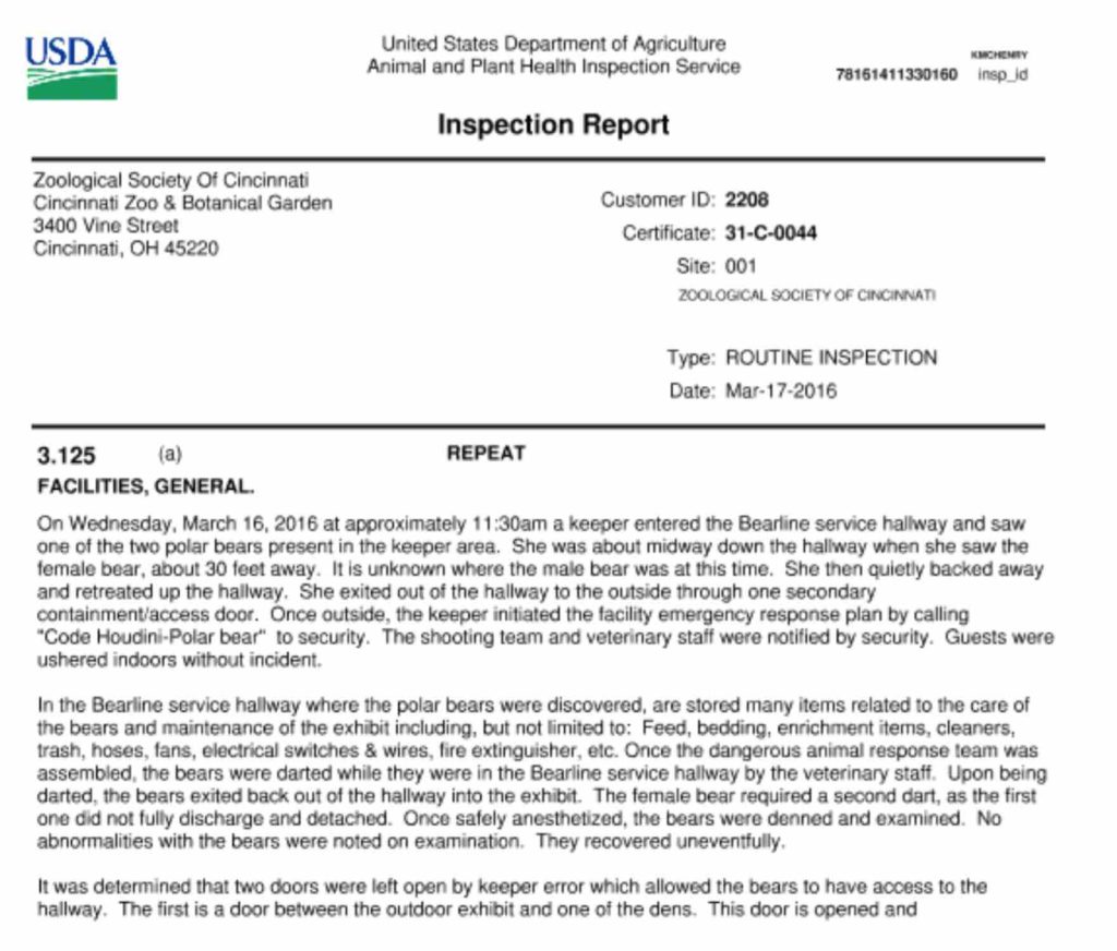 USDA inspection report regarding the escape of two polar bears at the Cincinnati Zoo.