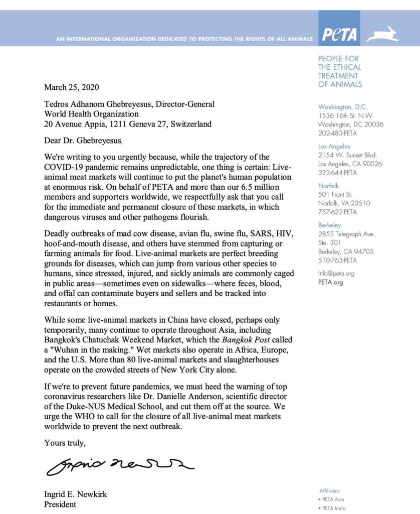 PETA letter to WHO