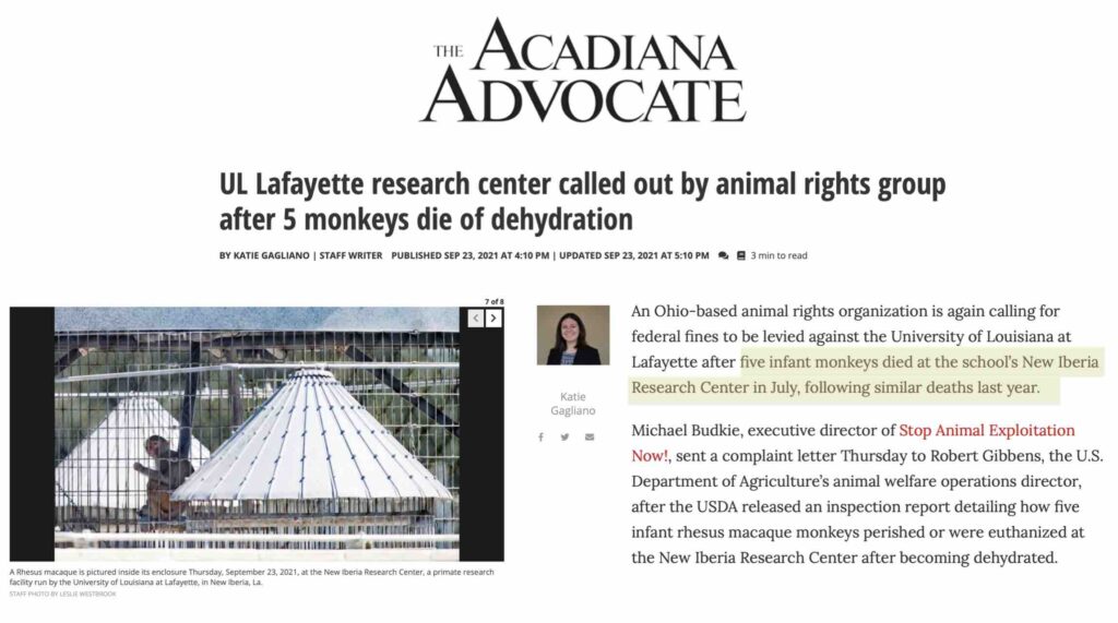 Pagal Informacijos laisvės akto prašymą „Stop Animal Exploitation Now“ (SAEN) atskleidė ir viešai atskleidė žiaurų elgesį su gyvūnais Naujosios Iberijos tyrimų centre.