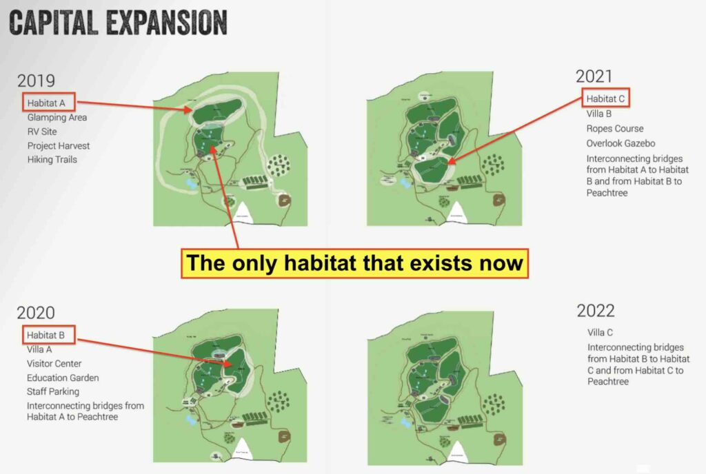 HSUS was supposed to have created three additional habitats (A, B and C) by 2021, but it hasn't created any. As a result, the 82 chimps rotate into the one habitat just once every three days for part of the day.