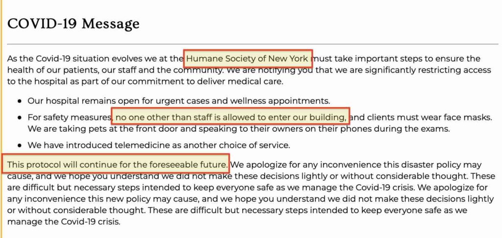 The Humane Society of New York's website states that the building is closed due to COVID for the "foreseeable future."