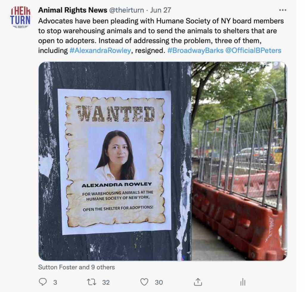 Image is a tweet showing a "Wanted for animal warehousing" poster of Humane Society of New York board member Alexandra Rowley that activists put up around New York City.