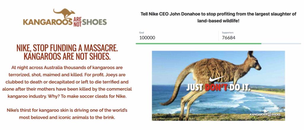 The photo shows a petition calling on the CEO of Nike to stop slaughtering kangaroos