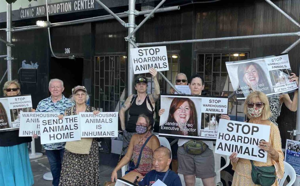 Animal rights activists display posters calling on the Humane Society of New York to stop warehousing animals