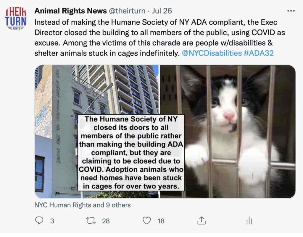 Image shows an animal in a cage with text stating that the Humane Society of New York is closed to the public under false pretenses