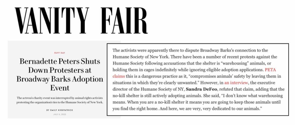 Photo of Vanity Fair's coverage of a protest targeting the Humane Society of New York