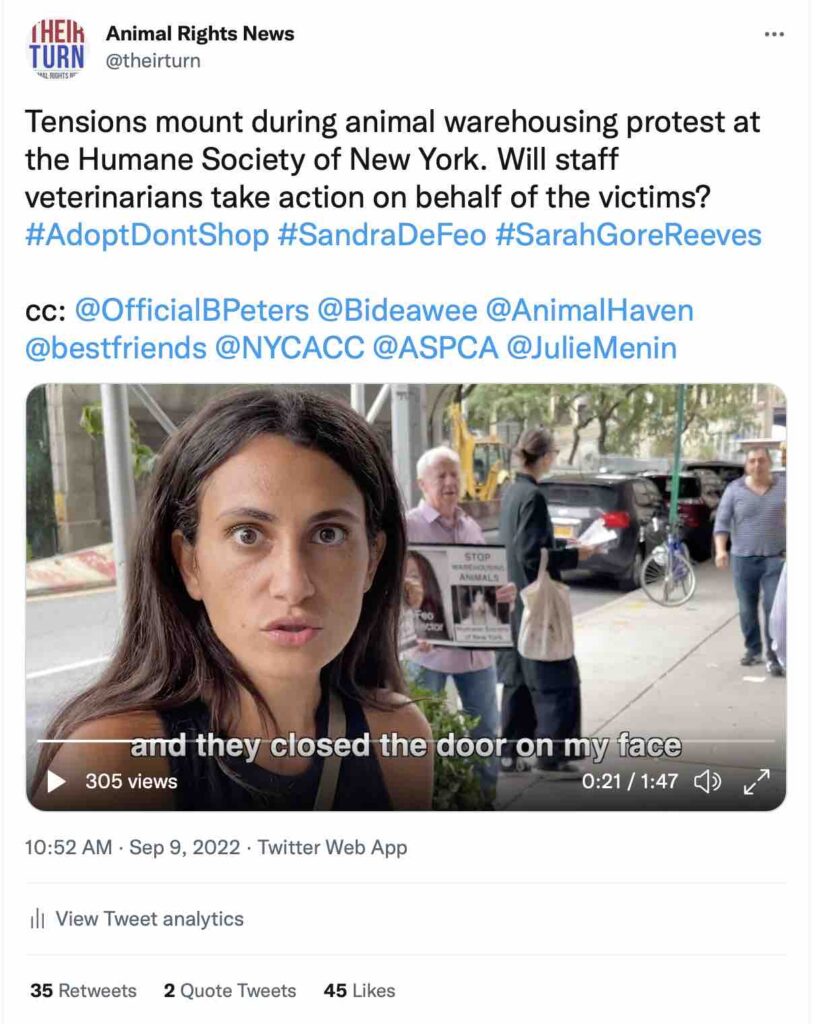 Screenshot of a tweet condemning the Humane Society of New York for storing animals 