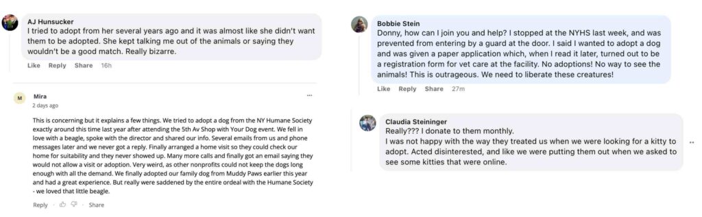 Photo of testimonials about the Humane Society of New York turning away adopters
