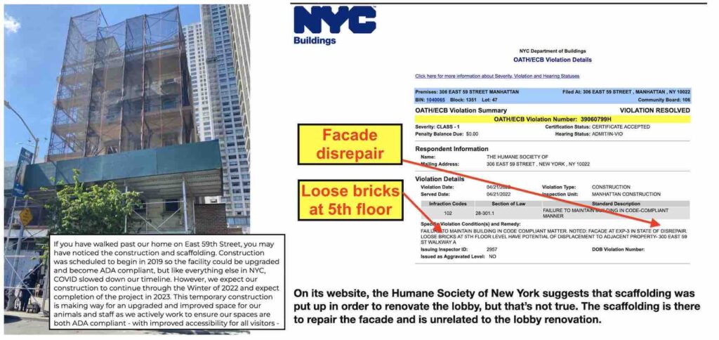 Photo of proof that scaffolding at the Humane Society of New York is there for facade work, not lobby renovations, as claimed by the Executive Director