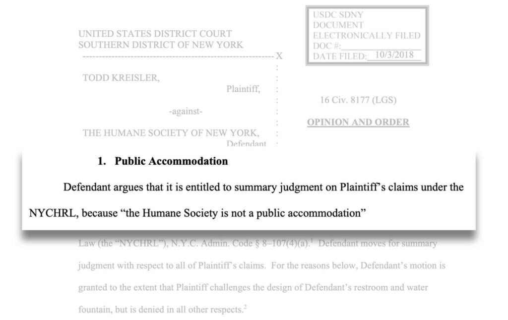 Photo of a court filing in the ADA lawsuit brought against the Humane Society of New York