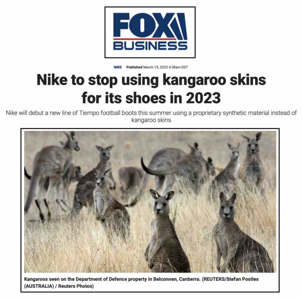 Photo of news coverage of NIke's announcement that it would stop killing kangaroos to make soccer cleats