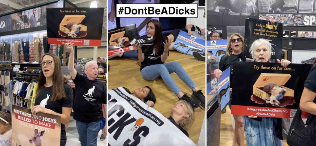 Photos of animal rights activists protesting Dick's over its refusal to stop selling kangaroo leather soccer cleats