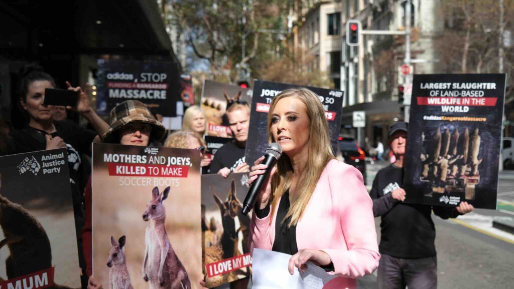 Photo of Australian Member of Parliament Emma Hurst at a kangaroo leather protest 