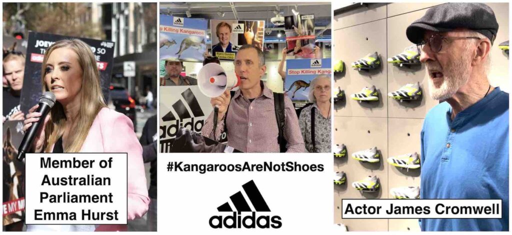 Photo of Emma Hurst, Donny Moss and James Cromwell protesting at Adidas stores