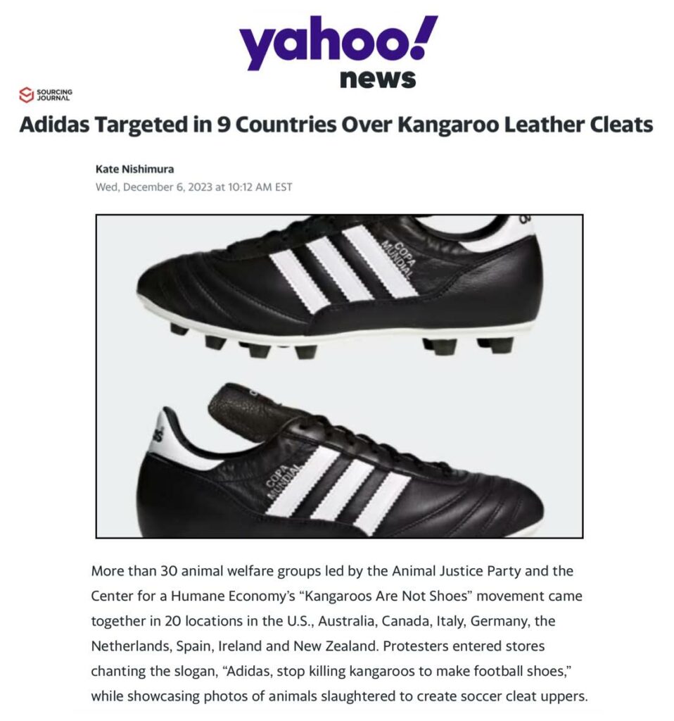 Photo of article in Yahoo News about the kangaroo skin protests at Adidas stores in Europe, Australia and the United States