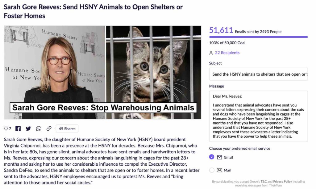 Photo of petition calling on Sarah Gore Reeves, daughter of Virginia Chipurnoi, to address the warehousing of animals at the Humane Society of New York