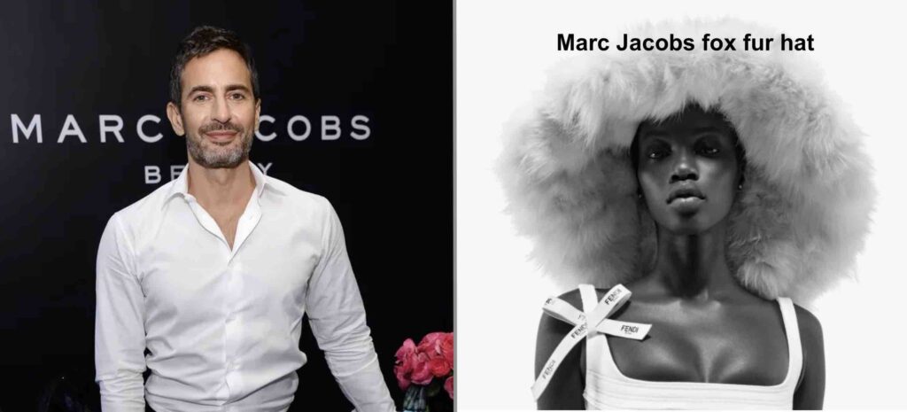 Photo of Marc Jacobs and a fox fur hat he designed