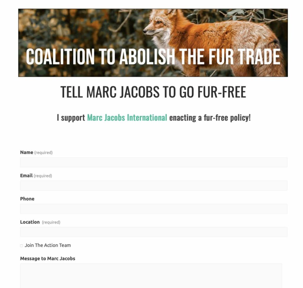 Photo of petition calling on Marc Jacobs to adopt a fur-free policy
