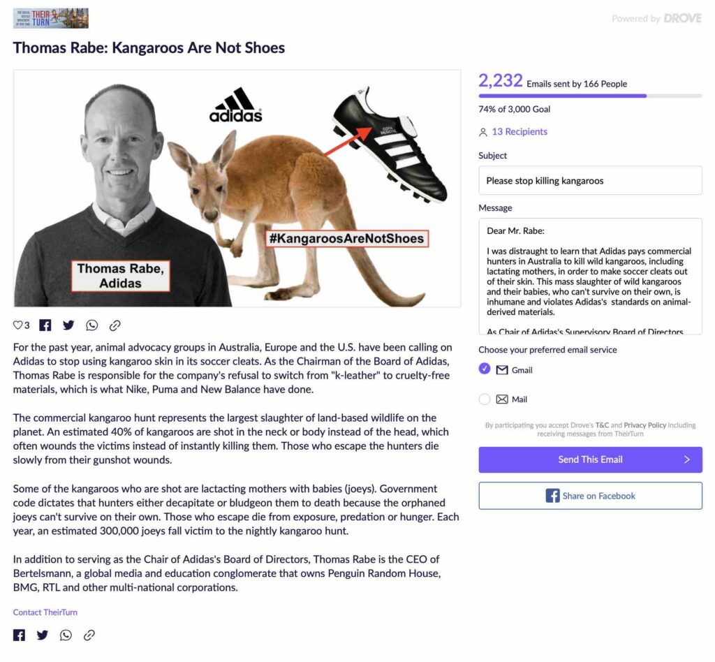 Photo of petition calling on Adidas Board Chair Thomas Rabe to stop killing kangaroos for football cleats