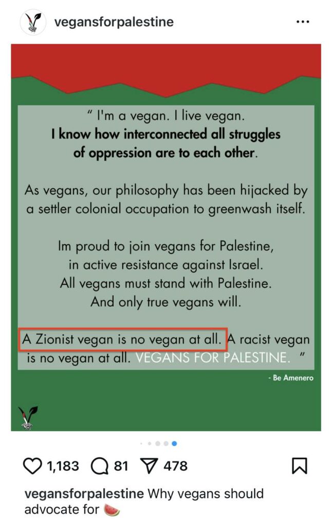 Photo of post by a Free Palestine group stating that Zionists are, by definition, not vegan