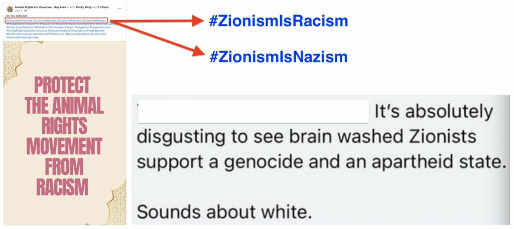 Social media posts in which Free Palestine activists in the Animal Rights Movement describe Zionists as white supremacists, racists and Nazis