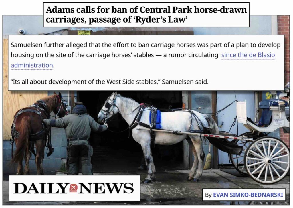Photo of Daily News story about campaign to ban horse-drawn carriages in New York City