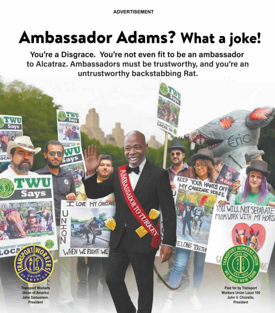 Photo of TWU's ad campaign targeting NYC Mayor Eric Adams over his support of a ban on horse-drawn carriages